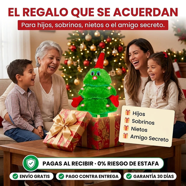 El árbol bailarín encendido al lado del árbol de Navidad