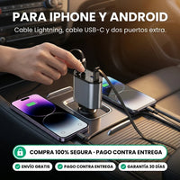 Cargador para Carro 4 en 1 con Cables Retráctiles | iPhone y Android · Pantalla de Voltaje - 3