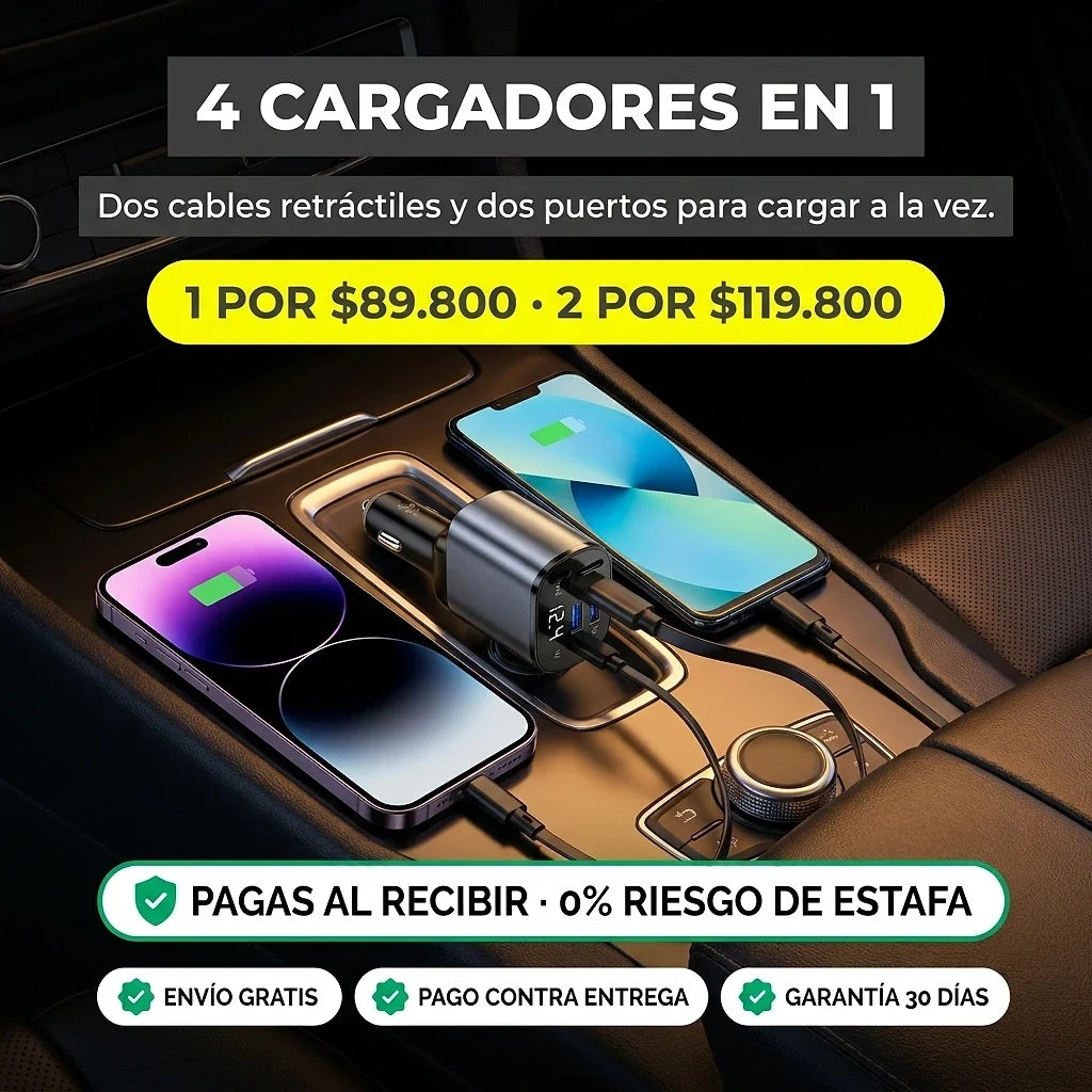 Cargador para Carro 4 en 1 con Cables Retráctiles | iPhone y Android · Pantalla de Voltaje