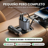 Cargador para Carro 4 en 1 con Cables Retráctiles | iPhone y Android · Pantalla de Voltaje - 5