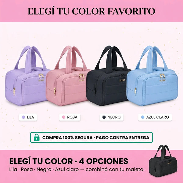 Cosmetiquera de viaje color lila abierta