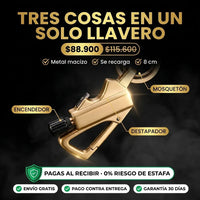 Encendedor Llavero 3 en 1 Recargable | Mosquetón y Destapador en Metal Dorado - 2