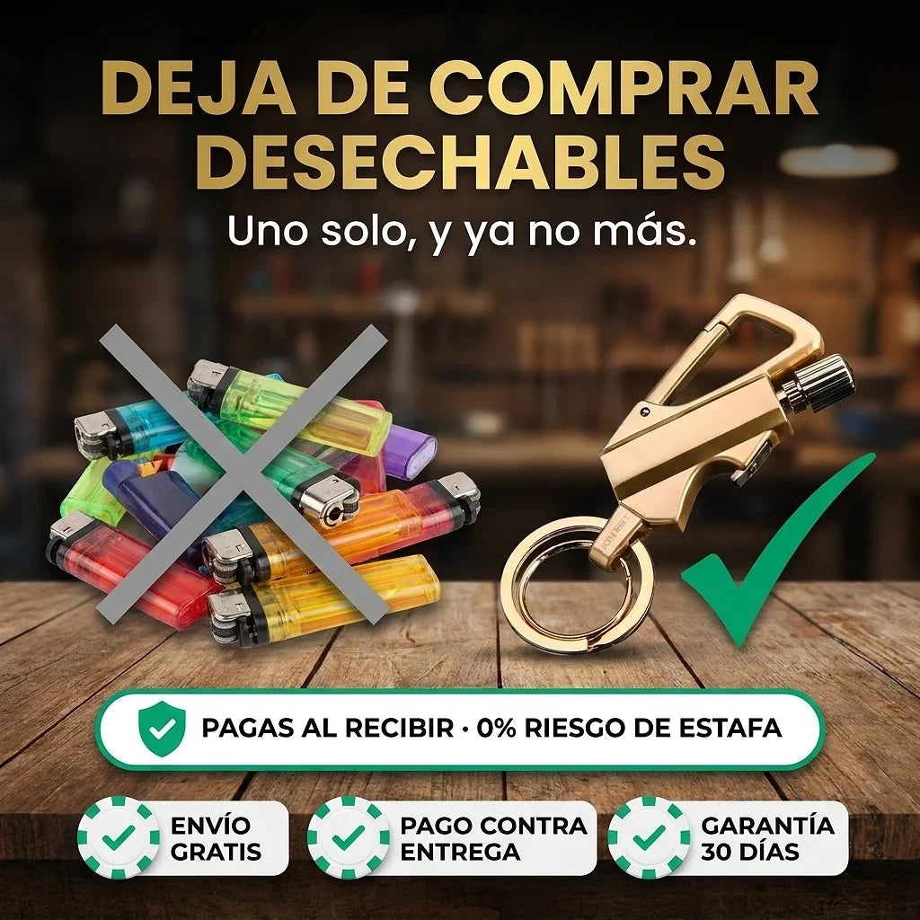 Encendedor Llavero 3 en 1 Recargable | Mosquetón y Destapador en Metal Dorado
