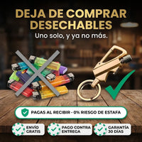 Encendedor Llavero 3 en 1 Recargable | Mosquetón y Destapador en Metal Dorado - 1