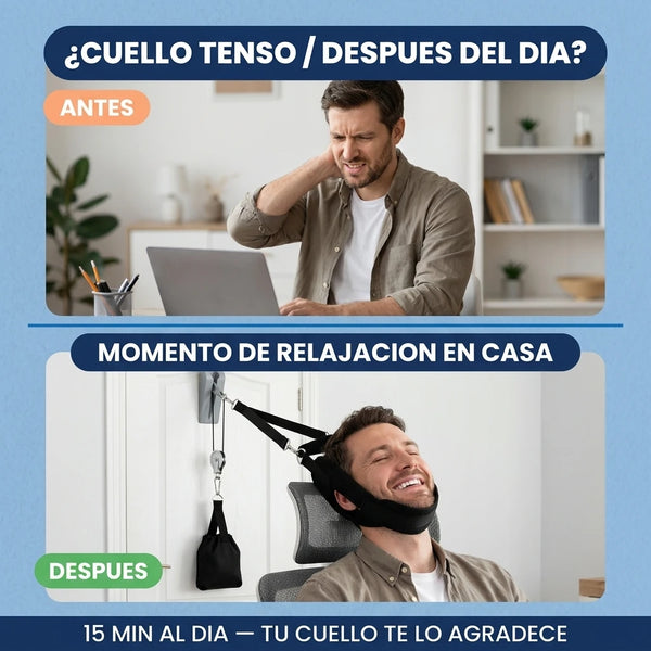 Hombre usando dispositivo de tracción cervical en casa