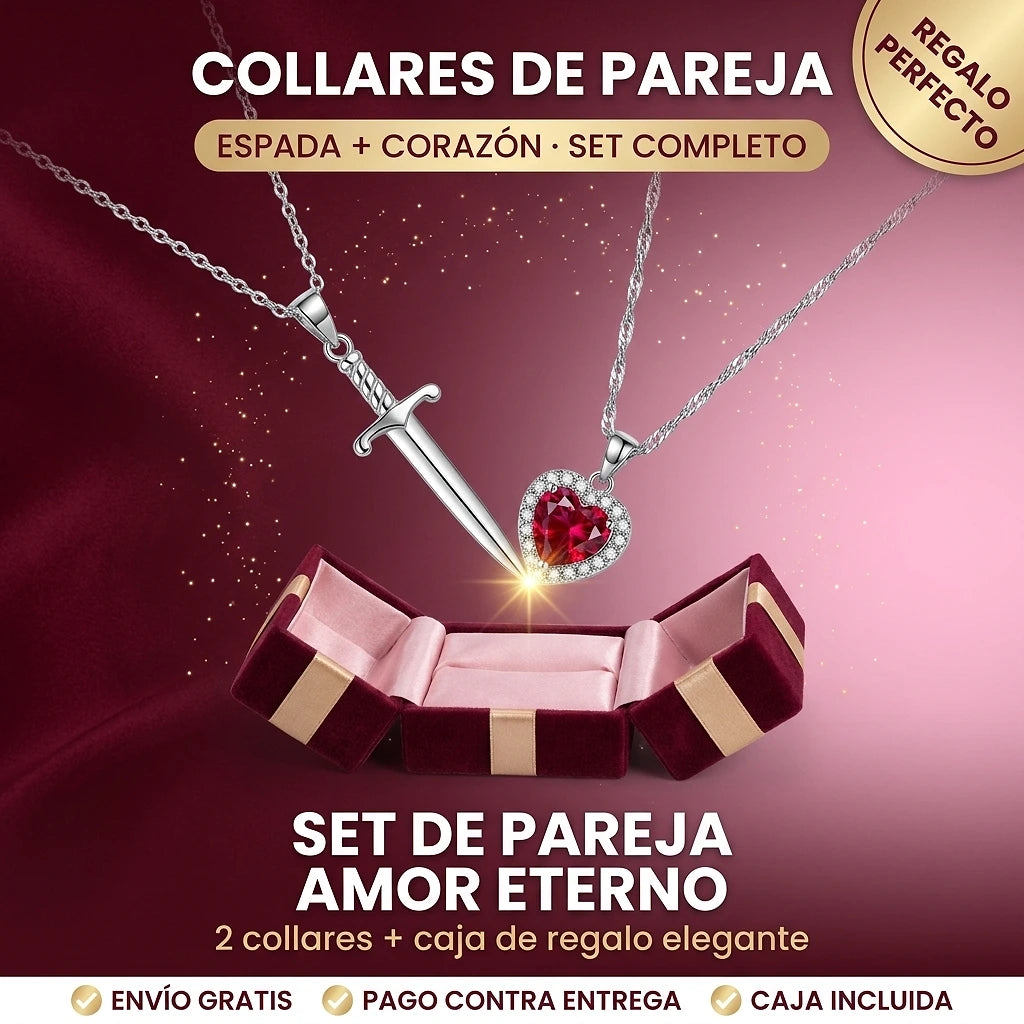 Set Collares de Pareja — Espada + Corazón · iNCLUYE CAJA REGALO