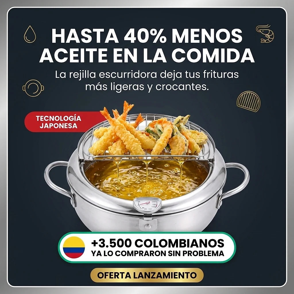 Olla Freidora Japonesa Gourmet 304 con Termómetro y Rejilla | Frituras Perfectas