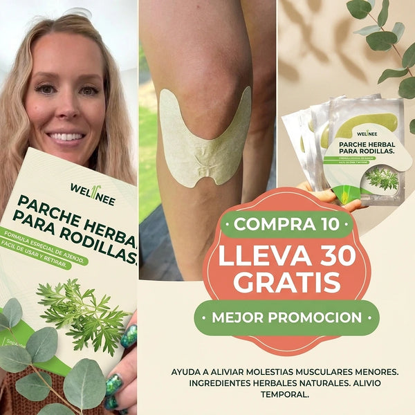 Mujer aplicando parche Wellnee en la rodilla