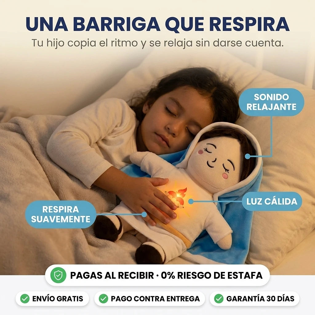 Peluche Virgen María que Respira | Luz Cálida y Música para Dormir · 36 cm