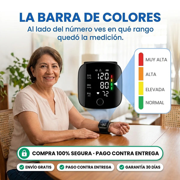 Pareja de adultos mayores usando el tensiómetro en su sala