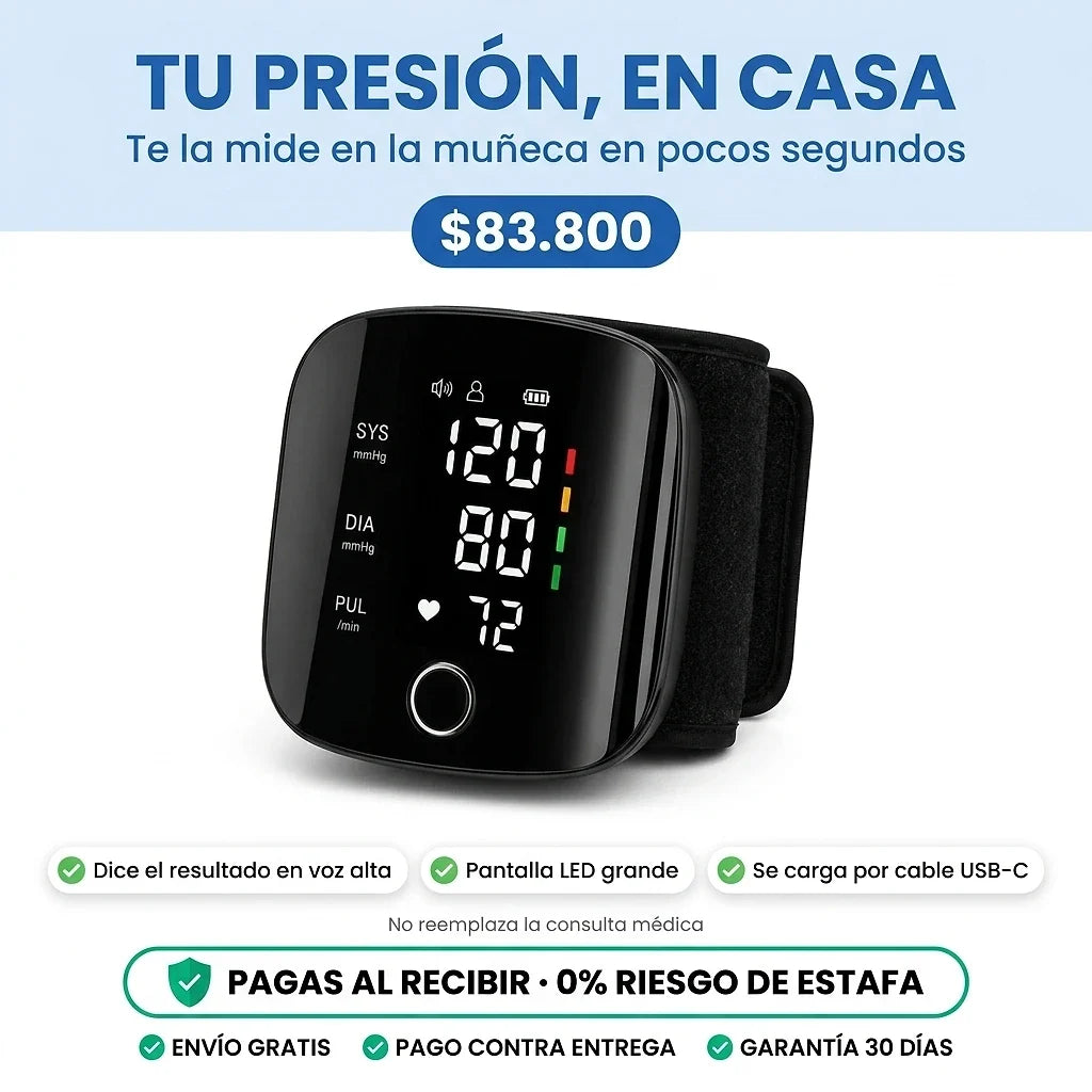 Tensiómetro Digital de Muñeca | Resultado en Voz Alta · Pantalla LED · Recargable
